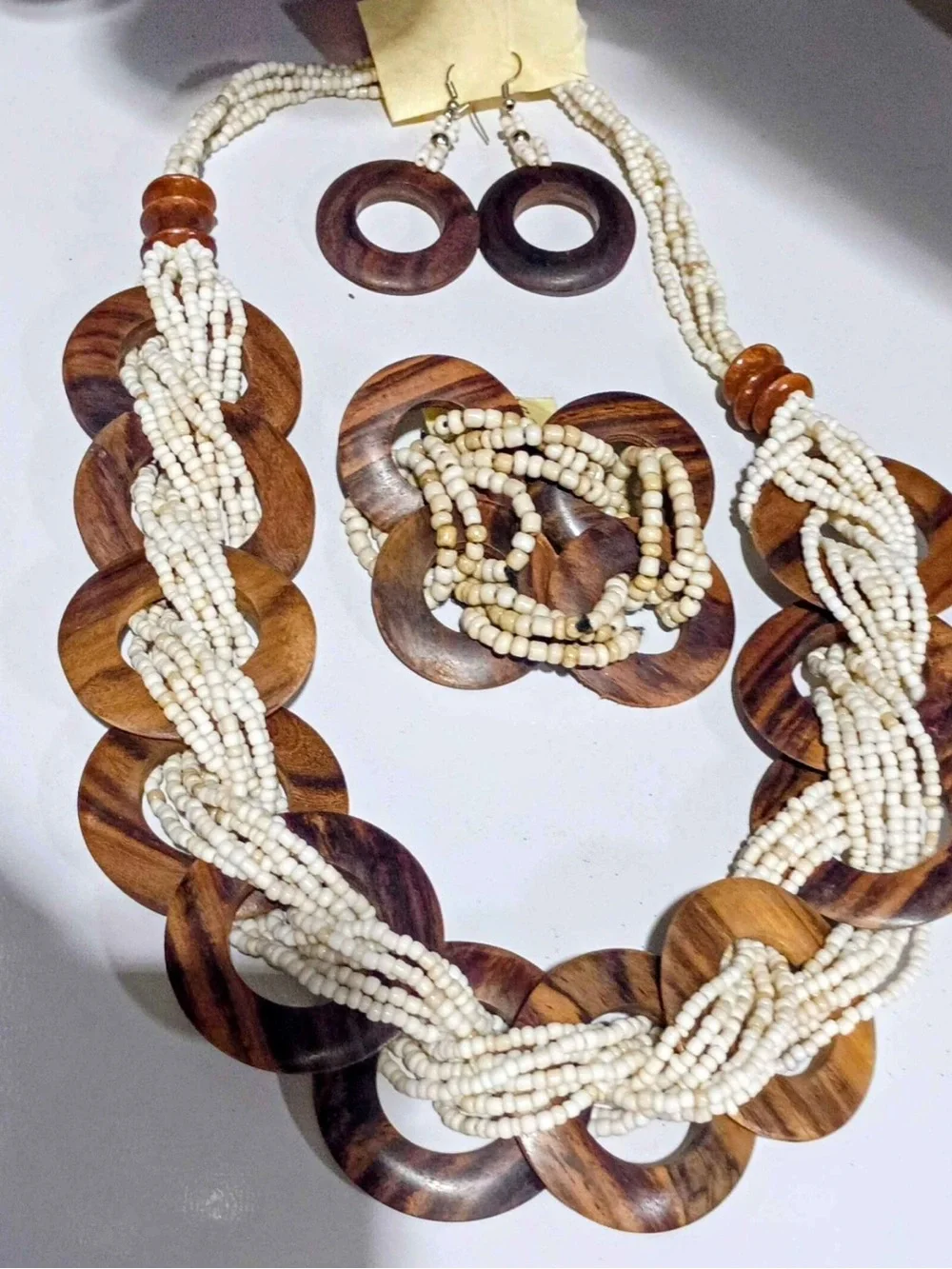 Handcrafted White Bead and Wood Link Necklace Set